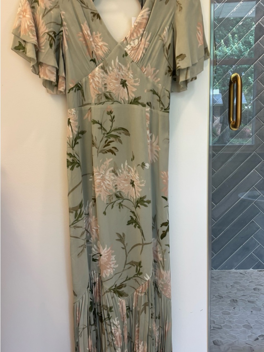 Reformation NWT Sage Green Floral Maxi Dress with Pleated Hem - Picture 2 of 3